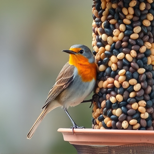 Robin perched beside a seed feeder