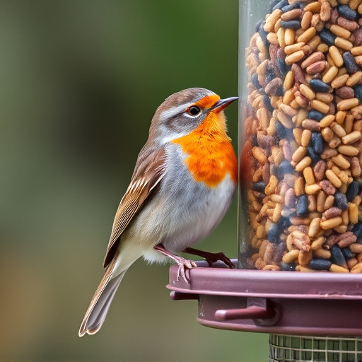 Robin perched beside a seed feeder