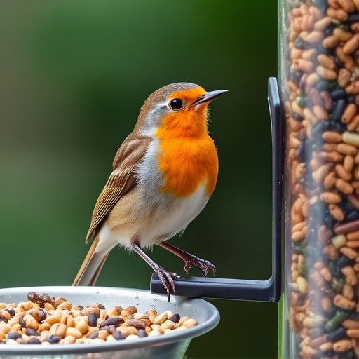 Robin perched beside a seed feeder