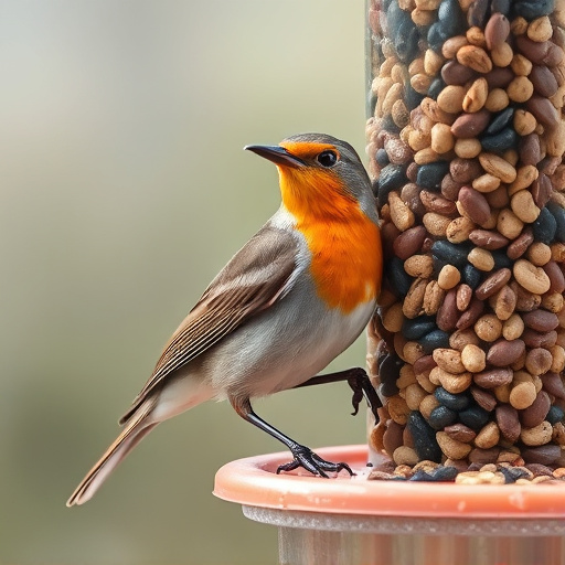 Robin perched beside a seed feeder