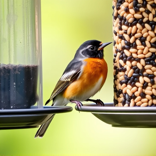 Robin perched beside a seed feeder