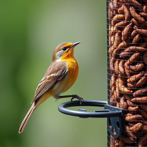 Robin perched beside mesh mealworm feeder