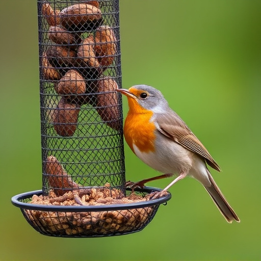 Robin perched beside mesh mealworm feeder