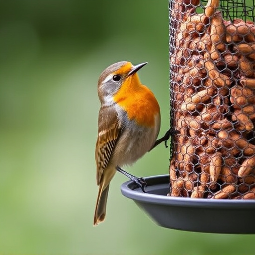 Robin perched beside mesh mealworm feeder