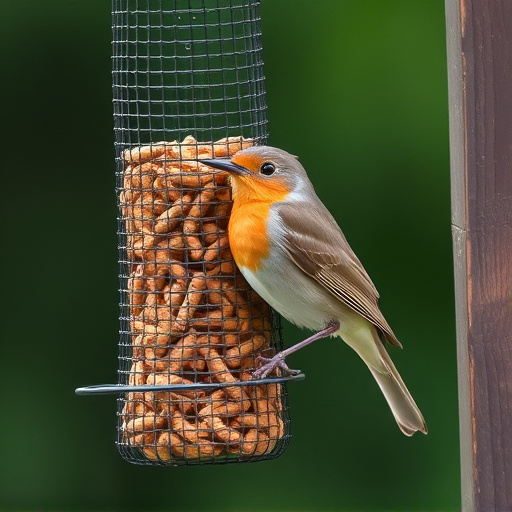 Robin perched beside mesh mealworm feeder