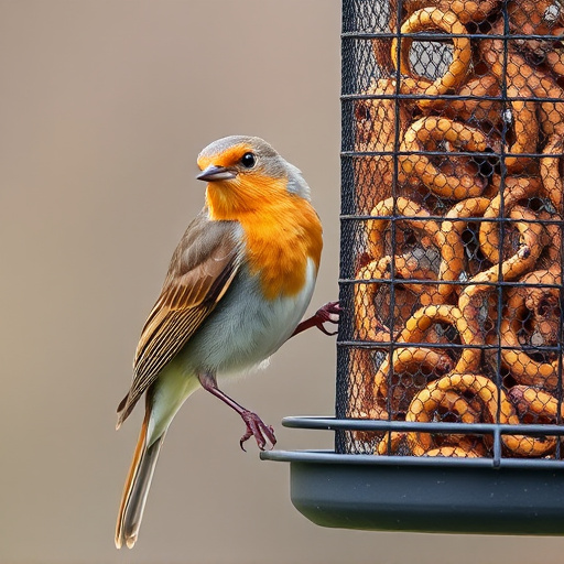 Robin perched beside mesh mealworm feeder