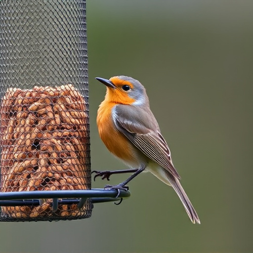 Robin perched beside mesh mealworm feeder