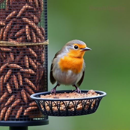 Robin perched beside mesh mealworm feeder