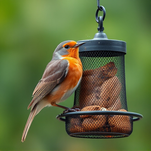 Robin perched beside mesh mealworm feeder
