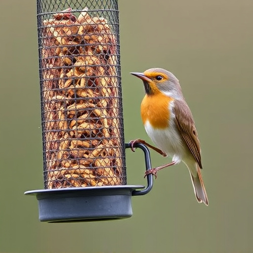 Robin perched beside mesh mealworm feeder