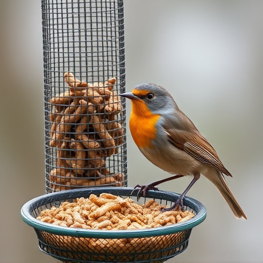 Robin perched beside mesh mealworm feeder