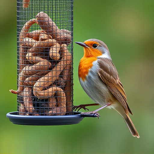 Robin perched beside mesh mealworm feeder