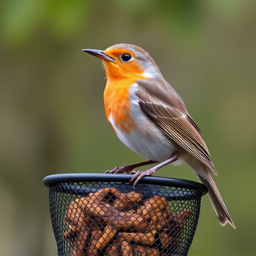 Robin perched beside mesh mealworm feeder