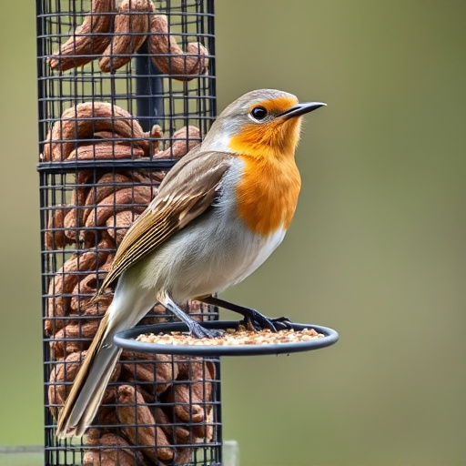 Robin perched beside mesh mealworm feeder