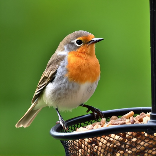 Robin perched beside mesh mealworm feeder