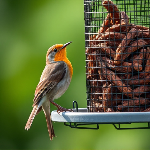Robin perched beside mesh mealworm feeder