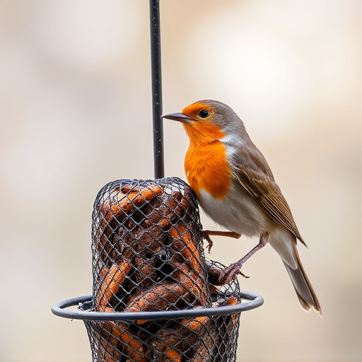Robin perched beside mesh mealworm feeder