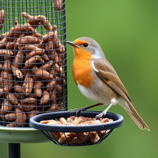 Robin perched beside mesh mealworm feeder