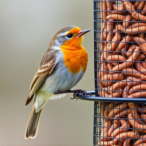 Robin perched beside mesh mealworm feeder