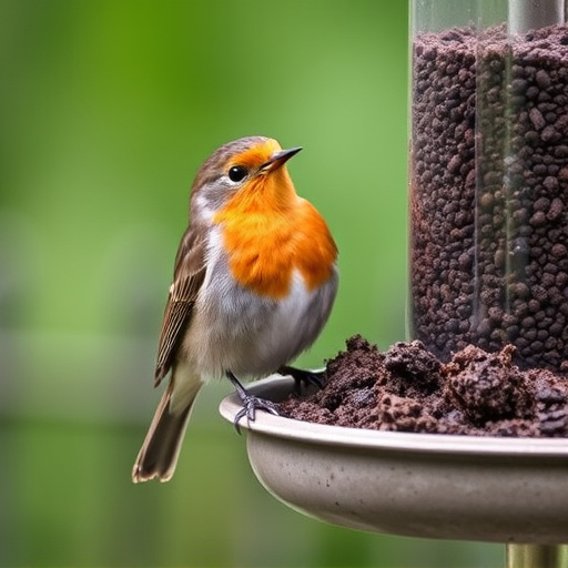 Robin perched beside suet-filled feeder