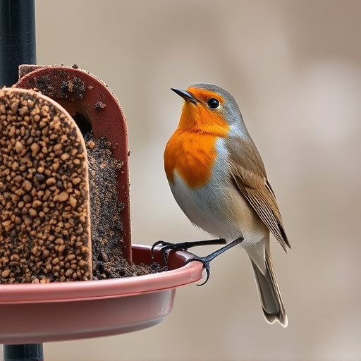 Robin perched beside suet-filled feeder