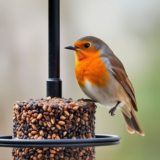 Robin perched beside suet-filled feeder