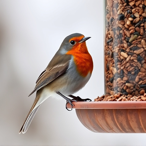 Robin perched beside suet-filled feeder