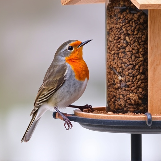 Robin perched beside suet-filled feeder