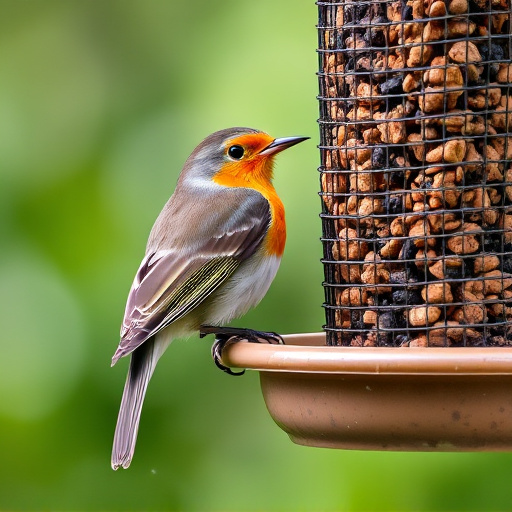 Robin perched beside suet-filled feeder