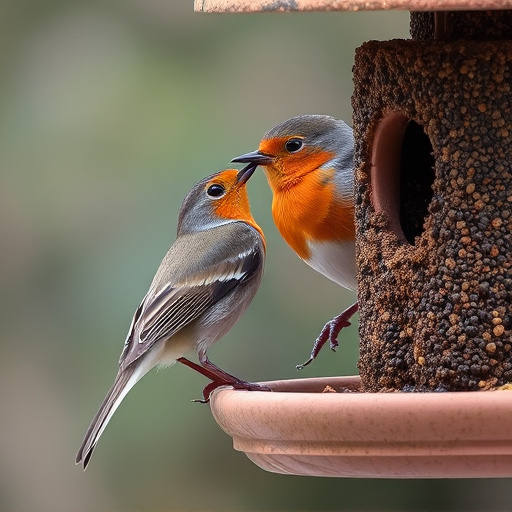 Robin perched beside suet-filled feeder