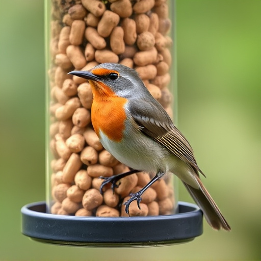 Robin perched near peanut feeder