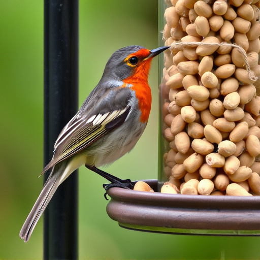 Robin perched near peanut feeder