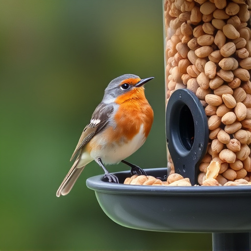 Robin perched near peanut feeder