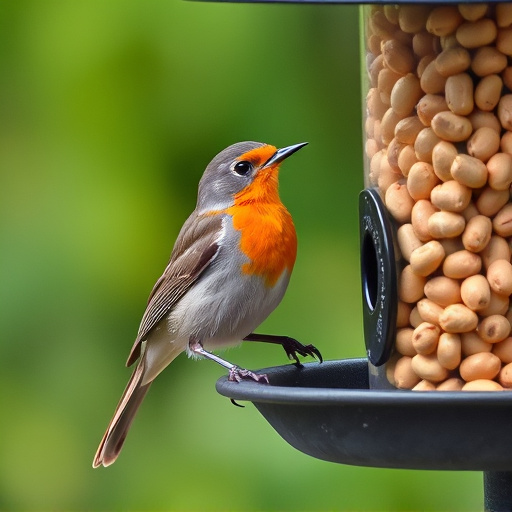 Robin perched near peanut feeder