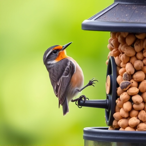 Robin perched near peanut feeder