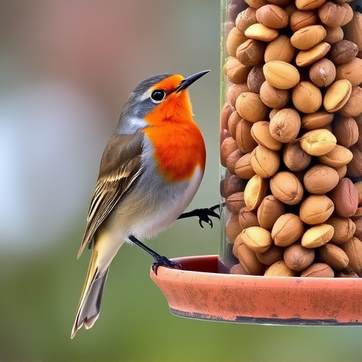 Robin perched near peanut-filled feeder