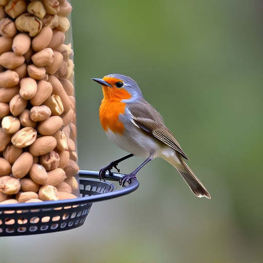 Robin perched near peanut-filled feeder