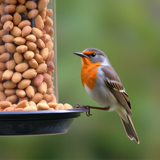 Robin perched near peanut-filled feeder