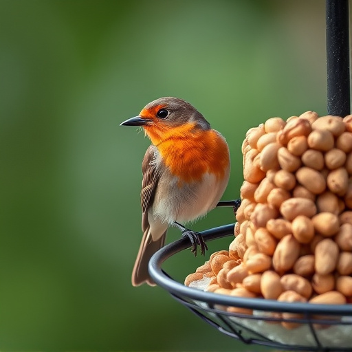 Robin perched near peanut-filled feeder