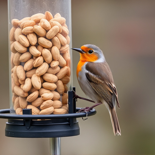 Robin perched near peanut-filled feeder