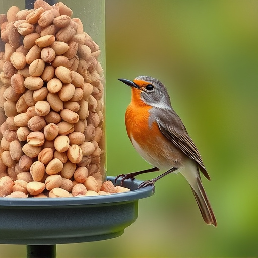 Robin perched near peanut-filled feeder