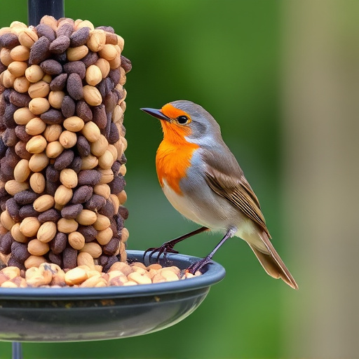 Robin perched near peanut-filled feeder