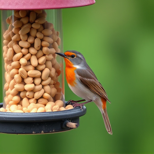 Robin perched near peanut-filled feeder