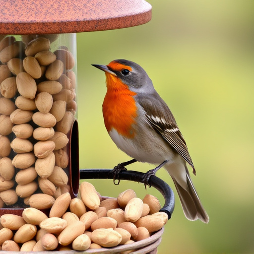 Robin perched near peanut-filled feeder