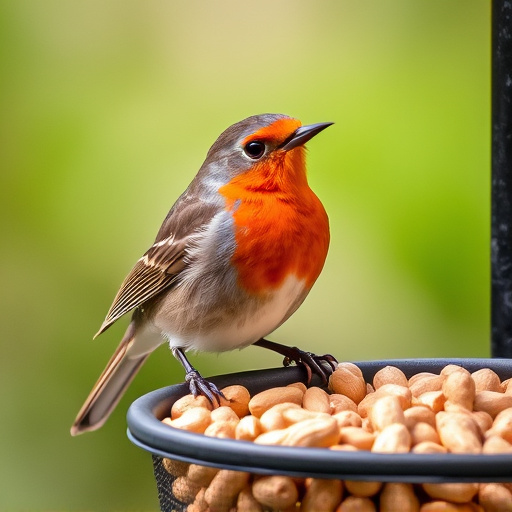 Robin perched near peanut-filled feeder