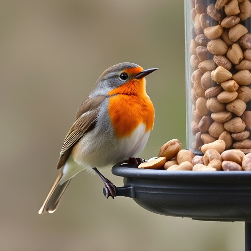 Robin perched near peanut-filled feeder
