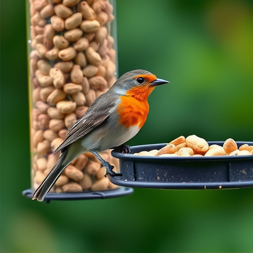 Robin perched near peanut-filled feeder