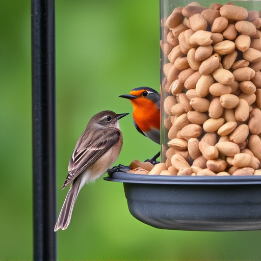 Robin perched near peanut-filled feeder