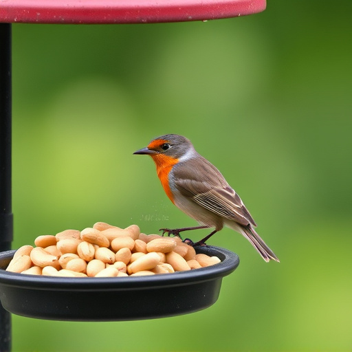 Robin perched near peanut-filled feeder