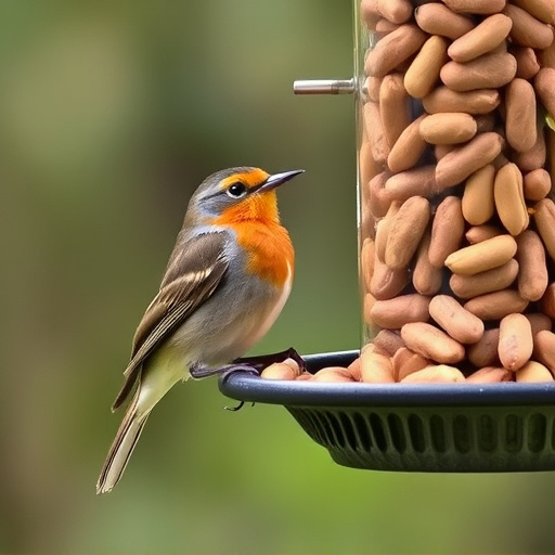 Robin perched near peanut-filled feeder